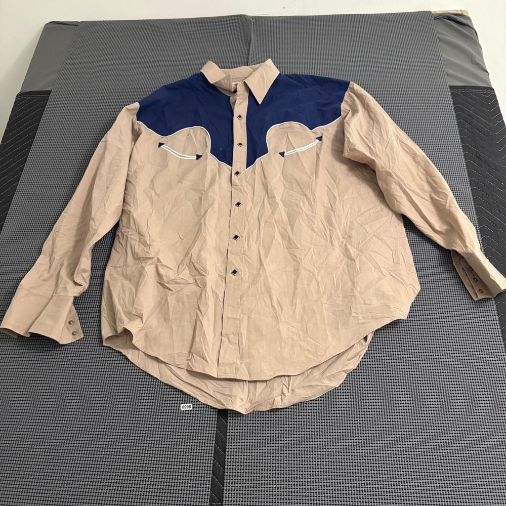 Ely Cattleman Mens XXL Western Pearl Snap Shirt Khaki Navy Blue Long Sleeve Yoke